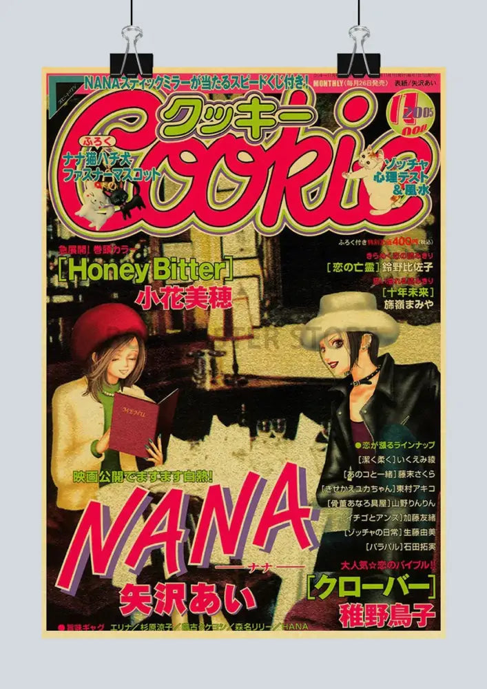 A vibrant magazine cover with japanese text and illustrated characters on retro kraft paper for DecorBites™ NANA posters