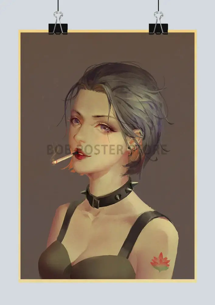 A retro kraft paper digital art poster by decorbites featuring a woman with gray hair and a black studded choker