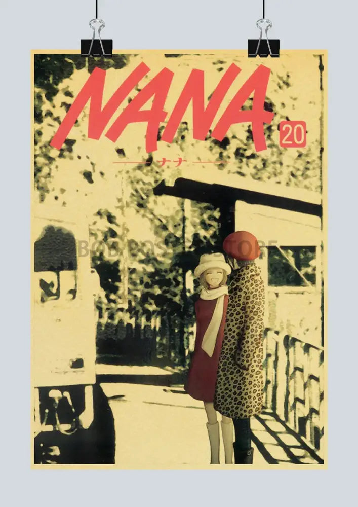 Vintage-style nana anime poster on retro kraft paper with bold red lettering and sepia-toned characters decorbites™ 2021