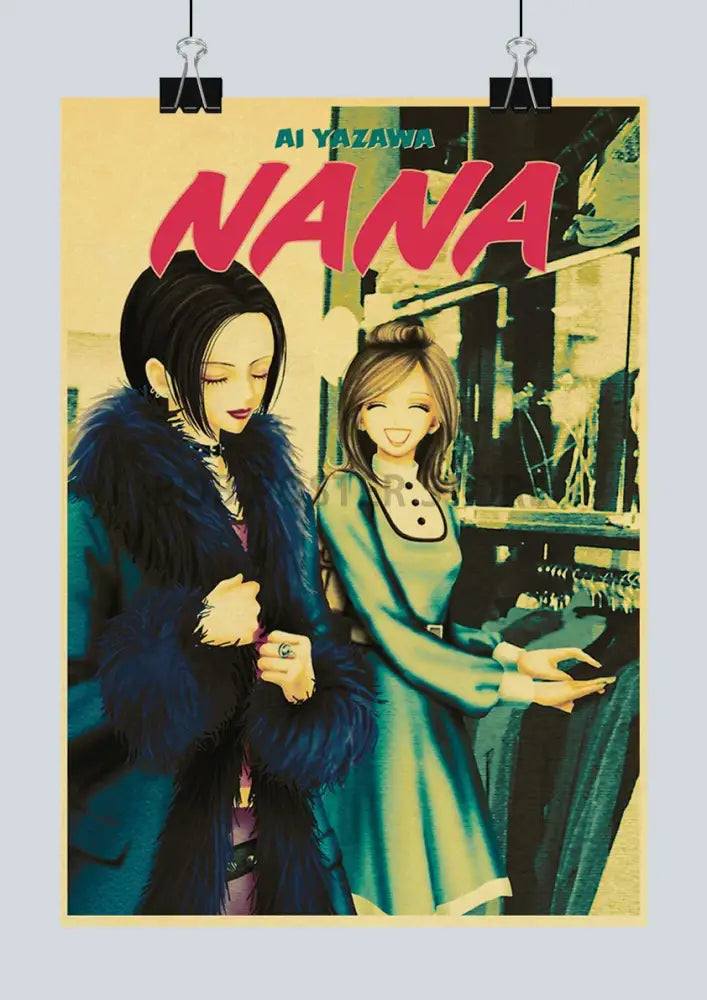 Vintage-style decorbites™ nana anime poster on retro kraft paper featuring two characters in stylish coats
