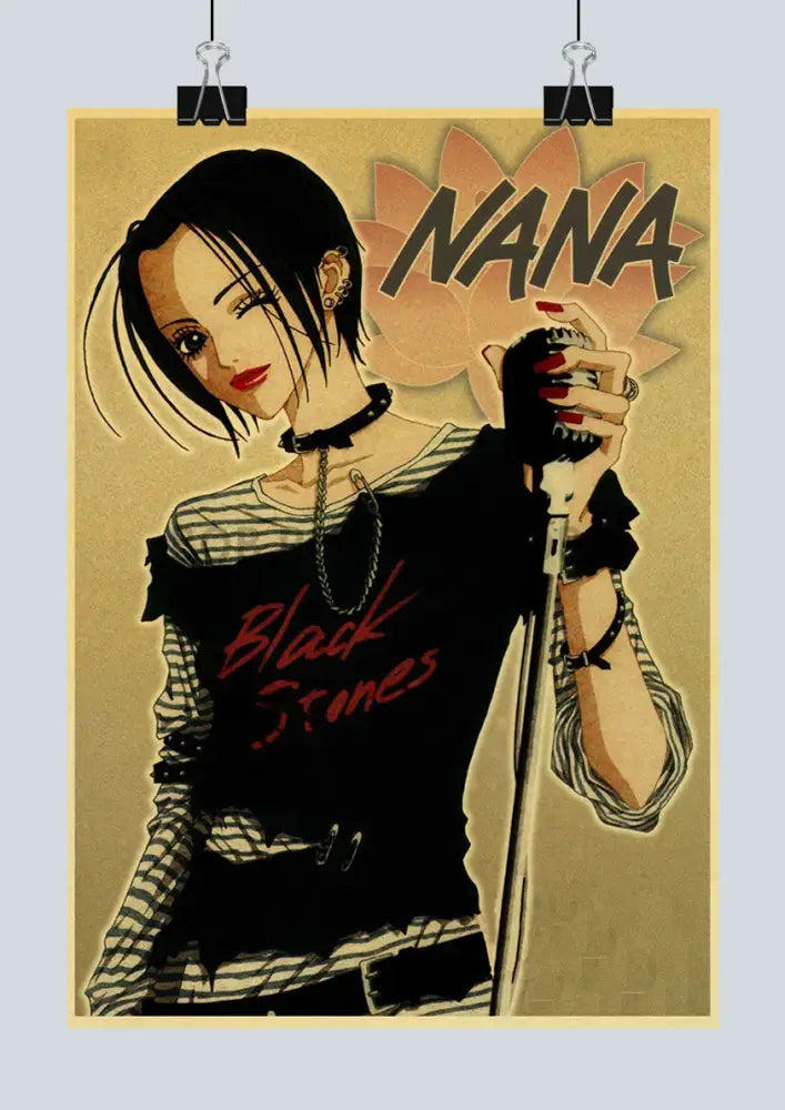 Vintage-style anime poster featuring short black hair character with microphone on retro kraft paper by decorbites