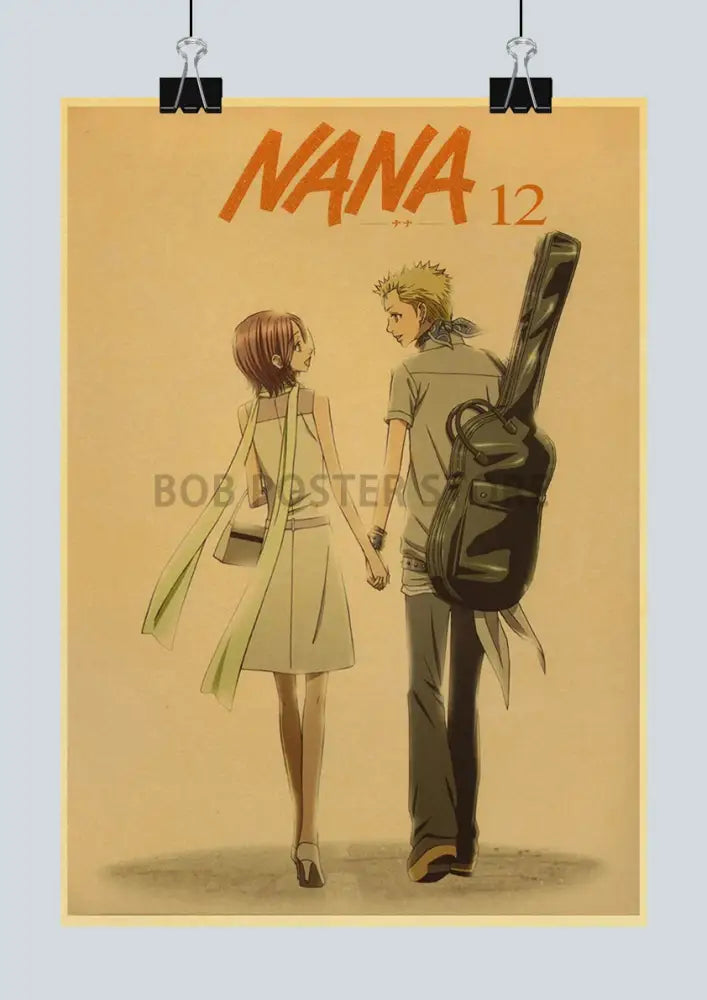 Vintage-style anime poster of nana and companion with guitar case on retro kraft paper by DecorBites 2021 arrivals