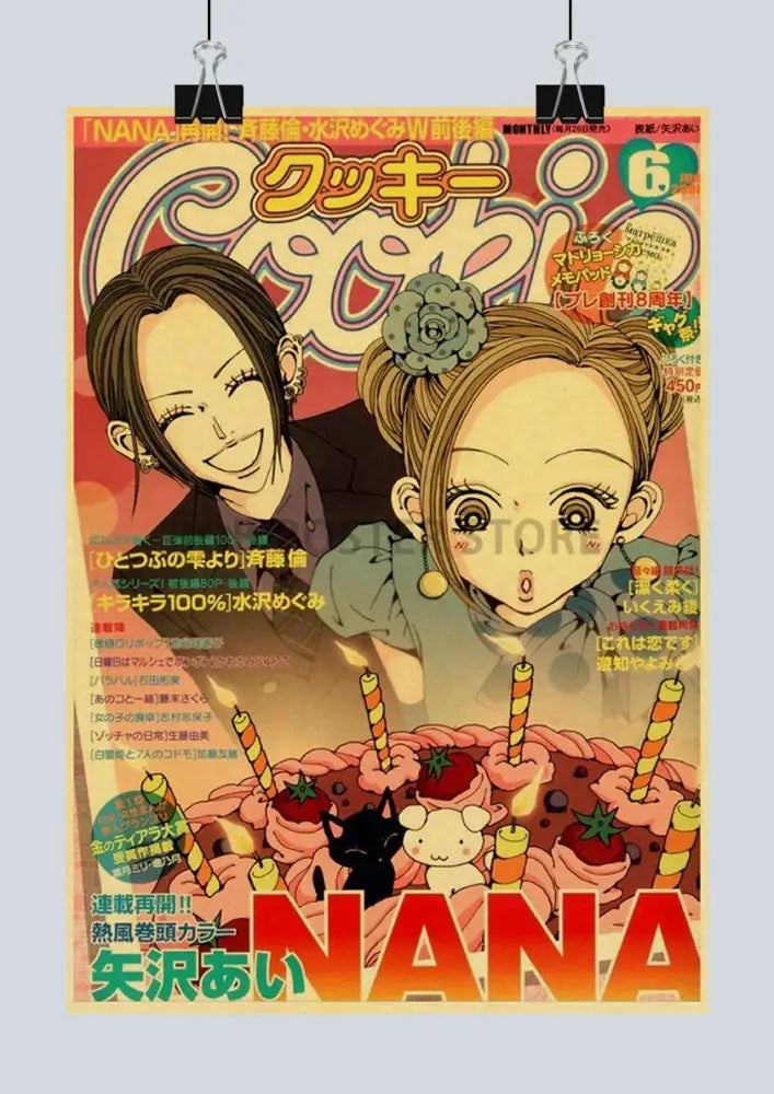 Vibrant orange and pink manga magazine cover with birthday cake design on retro kraft paper decorbites nana poster 2021