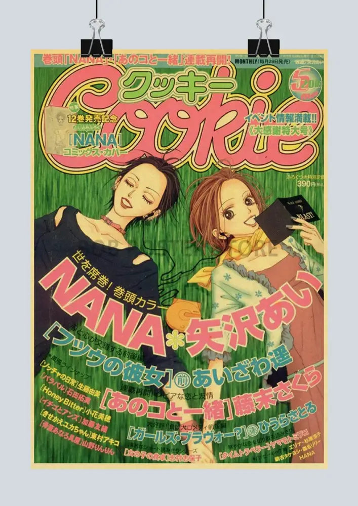 Vibrant green magazine cover featuring two anime women with bold pink and white text on retro kraft paper poster