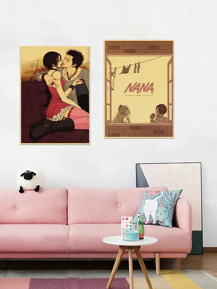 Pink tufted sofa with sheep plush on left armrest beside decorbites™ nana anime posters on retro kraft paper 2021 arrivals