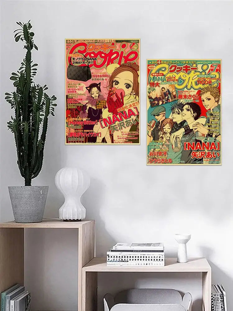Two vibrant vintage-style nana anime posters on retro kraft paper with colorful artwork and bold japanese text