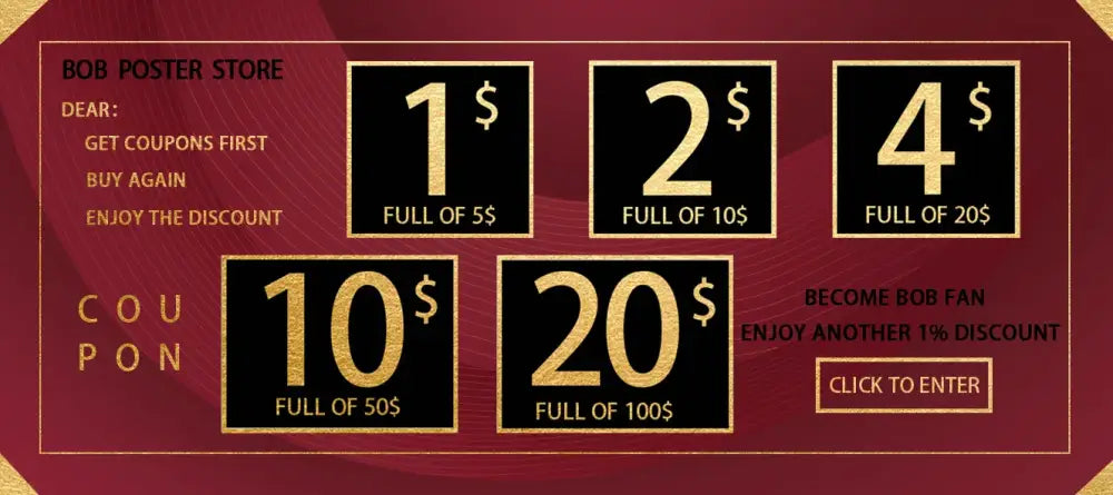 Red promotional coupon for bob poster store featuring gold discount amounts on black squares for nana anime retro poster set 2021 arrival