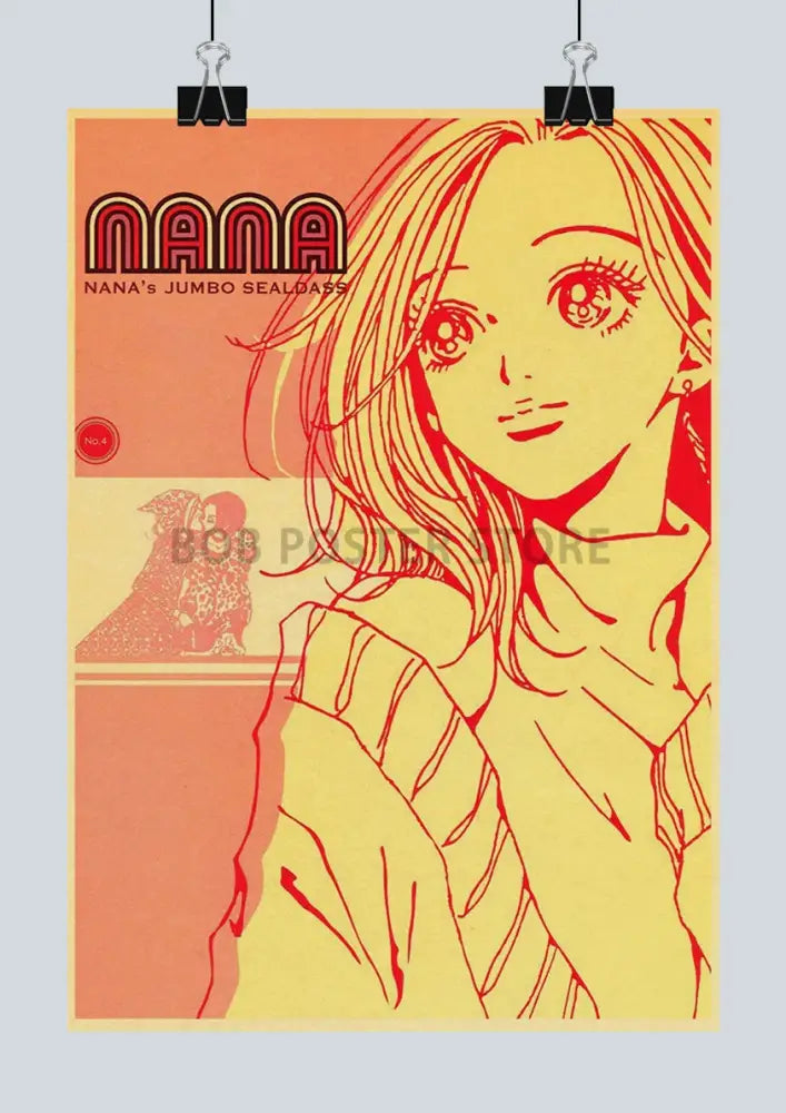 A vibrant orange and red nana anime retro poster featuring a stylized girl printed on kraft paper from decorbites™