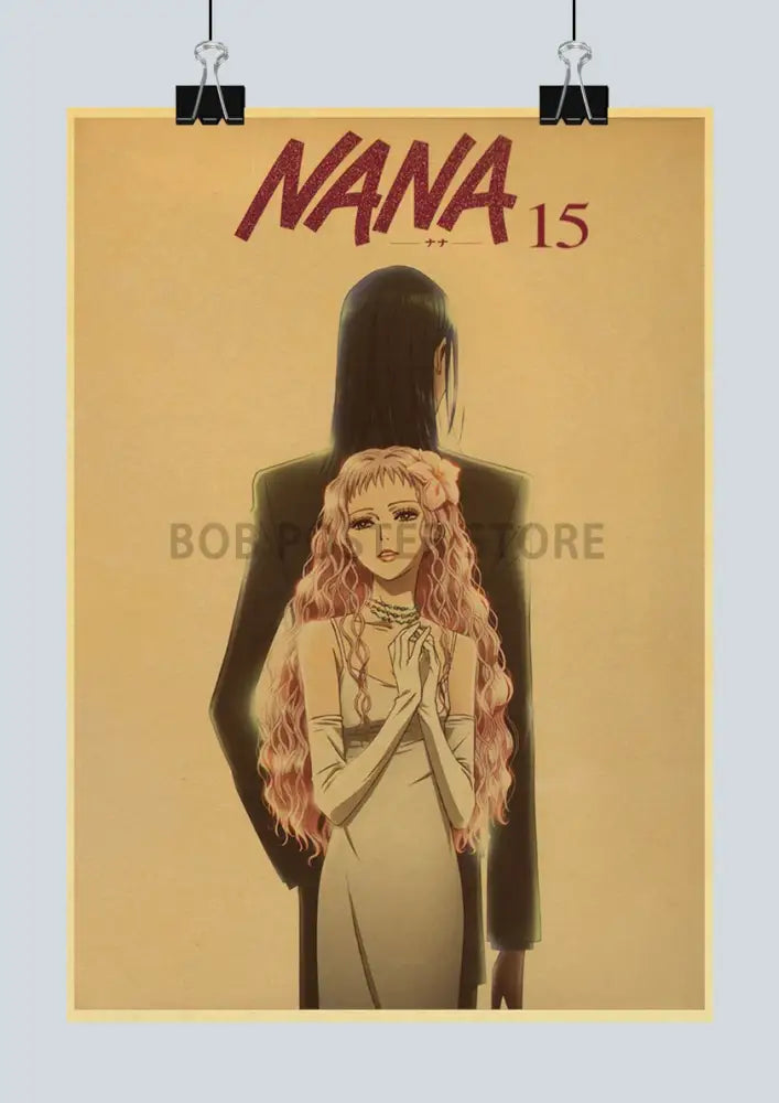 Vintage-style nana anime retro poster set on kraft paper featuring sepia-toned illustration of two characters