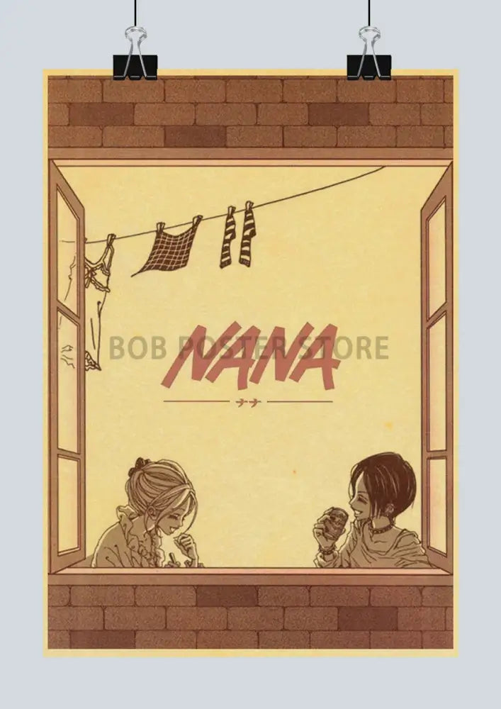 Vintage style nana anime retro poster set on kraft paper featuring two characters by a window with brickwork and laundry