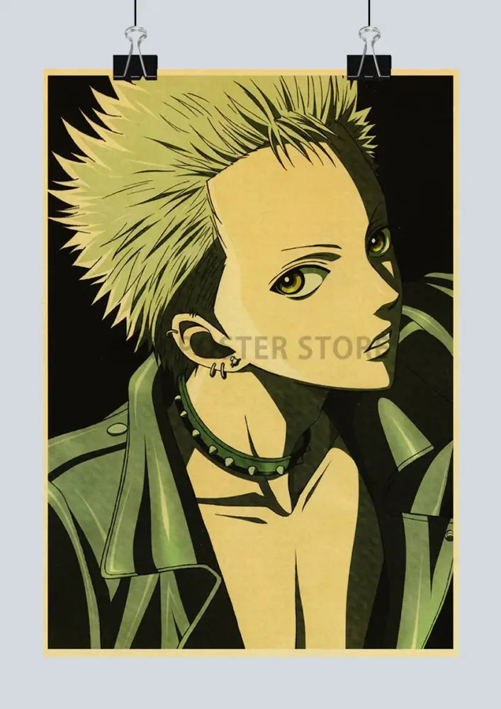 Yellow and green stylized anime retro poster of spiky haired nana anime character with piercing eyes and spiked choker