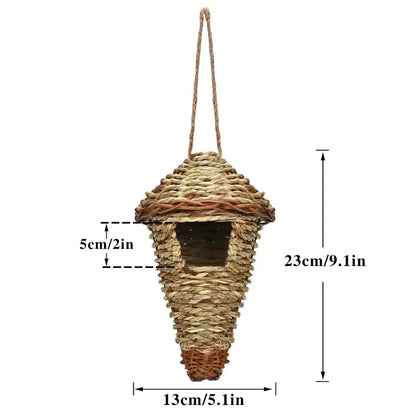 DecorBites natural grass bird cage with conical handwoven style birds nest and hanging rope for outdoor decor