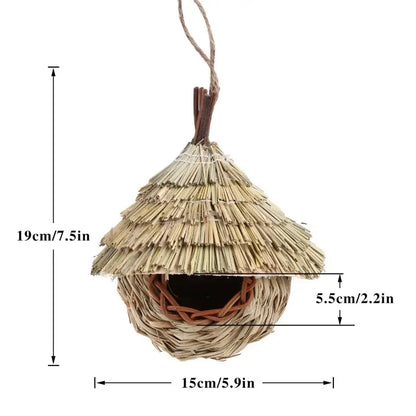 DecorBites™ natural grass bird cage handwoven straw birdhouse with thatched roof and rustic wooden dowels for hanging