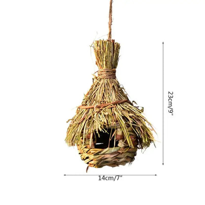Decorbites natural grass bird cage handwoven straw birdhouse with rustic textured design in earthy tones for outdoor decor