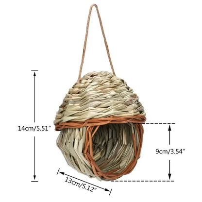 Decorbites™ natural grass bird cage with handwoven straw roof and brown wicker base suitable as a parrot nest