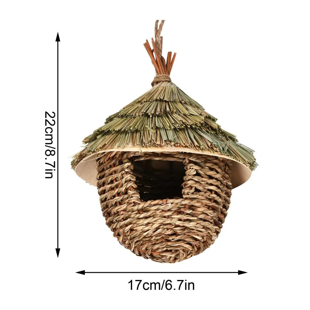 DecorBites natural grass handwoven bird cage with thatched roof and hanging loop for outdoor decor use