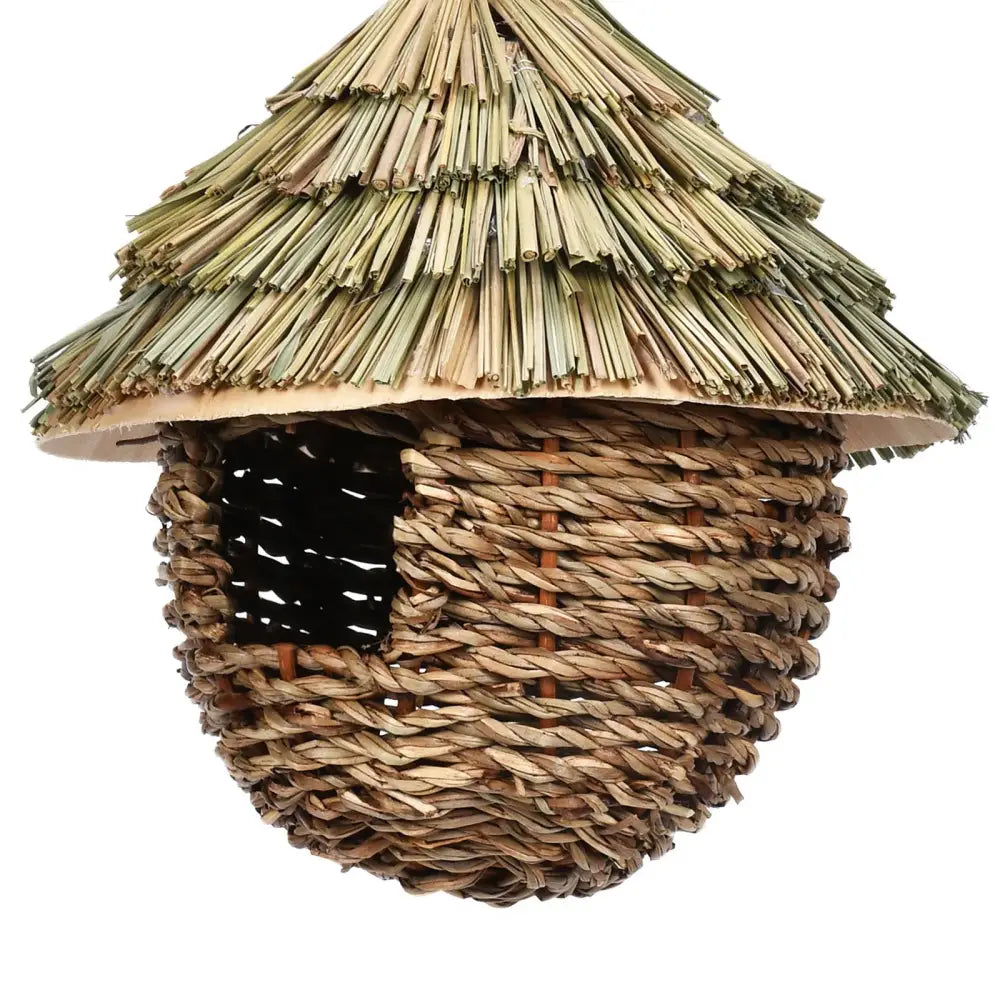 DecorBites natural grass bird cage with handwoven brown material and thatched roof for outdoor decor use