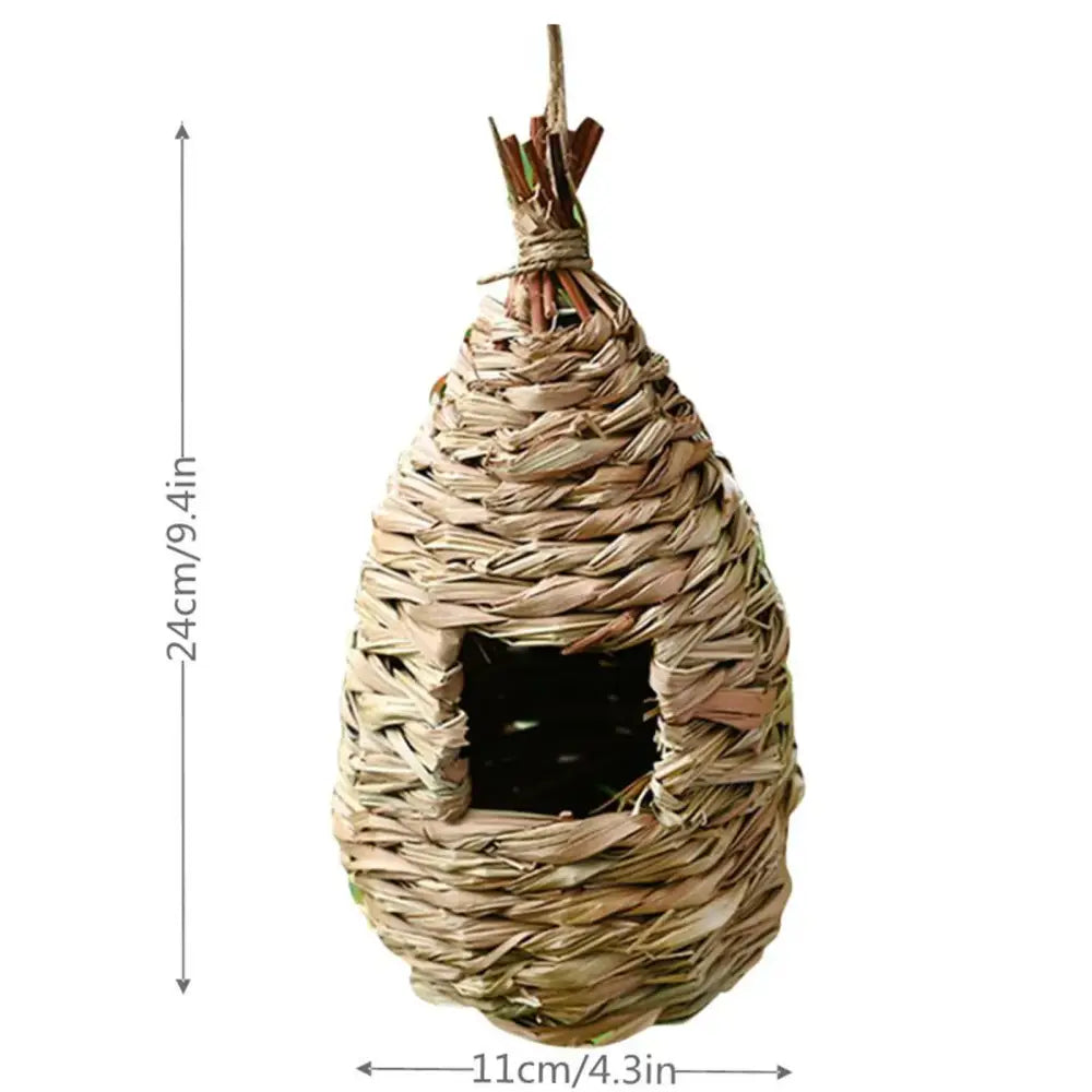 DecorBites™ handwoven natural grass bird cage with teardrop shape and square entrance hole for outdoor decor