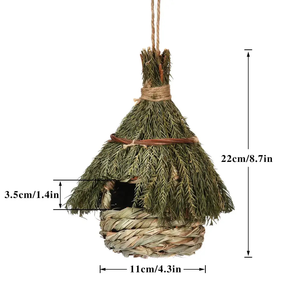 DecorBites™ natural grass green hay bird cage with handwoven base and twine suspension for outdoor decor use