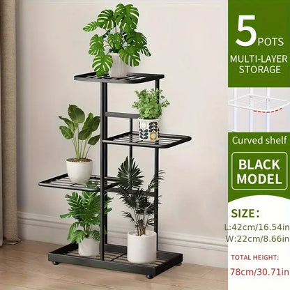 Black metal natural iron plant stand with curved shelves and five pot capacity from DecorBites multi-layer design