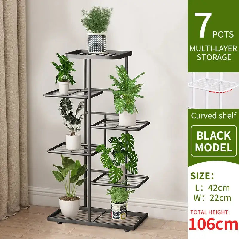 Black multi-layer natural iron plant stand with curved shelves and 106cm height in DecorBites iron plant stand design