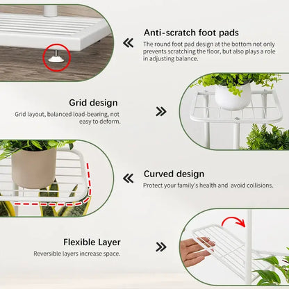 White metal natural iron plant stand with grid design curved edges and anti-scratch foot pads by decorbites
