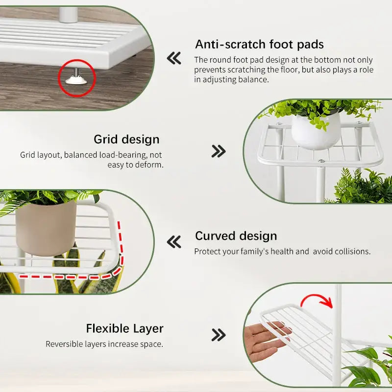 White metal natural iron plant stand with grid design curved edges and anti-scratch foot pads by decorbites