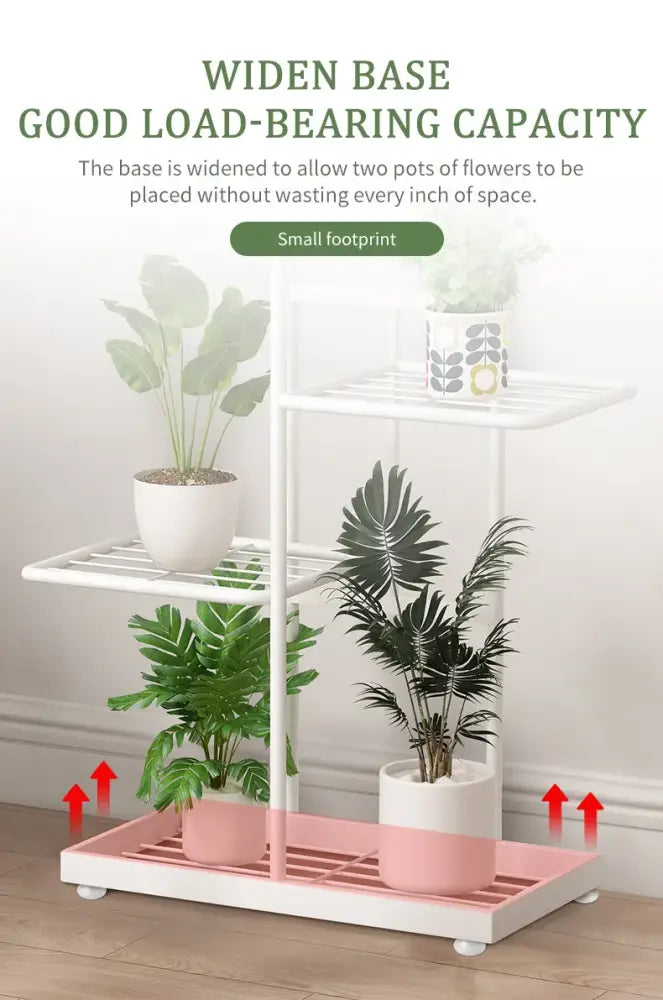 Decorbites natural iron plant stand holder with three white metal tiers and a pink base for displaying plants