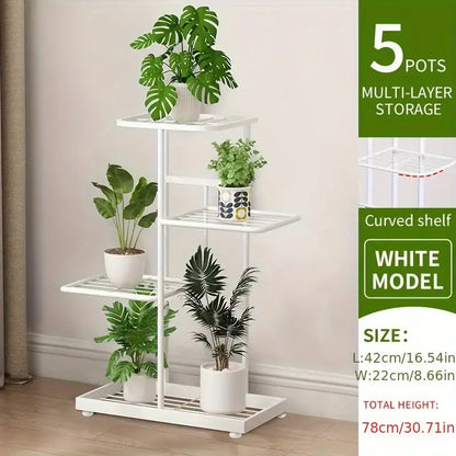 White metal natural iron plant stand with curved shelves and five pot storage capacity by DecorBites™