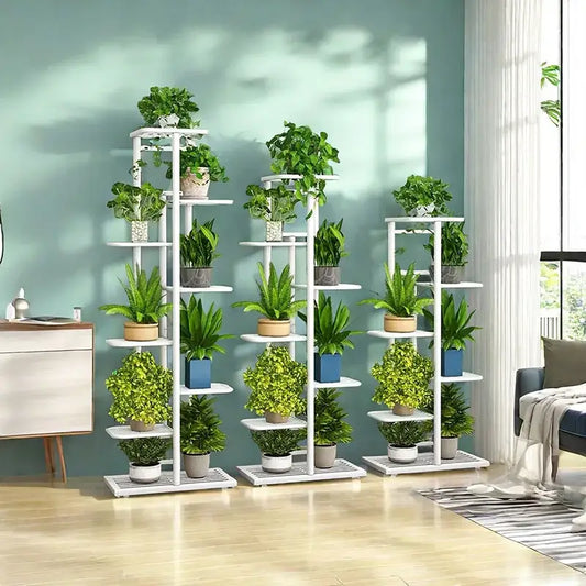 White natural iron plant stand with multiple tiers holding potted green plants in colorful pots DecorBites iron plant stand