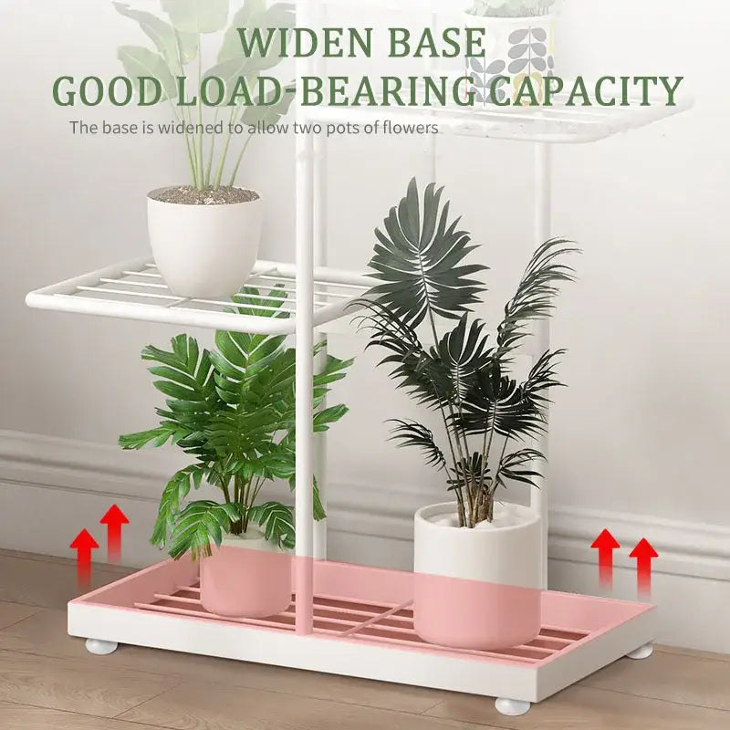 Decorbites natural iron plant stand holder white and pink two-tier with widened base for strong load-bearing capacity