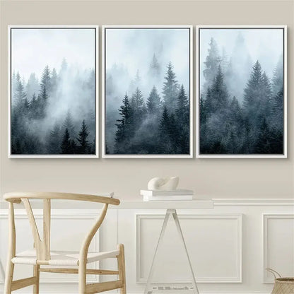 Decorbites™ nature landscape canvas print set featuring three blue and gray misty evergreen forest prints with white frames
