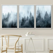 DecorBites™ nature landscape canvas print set features three blue and gray misty forest prints in thin white frames