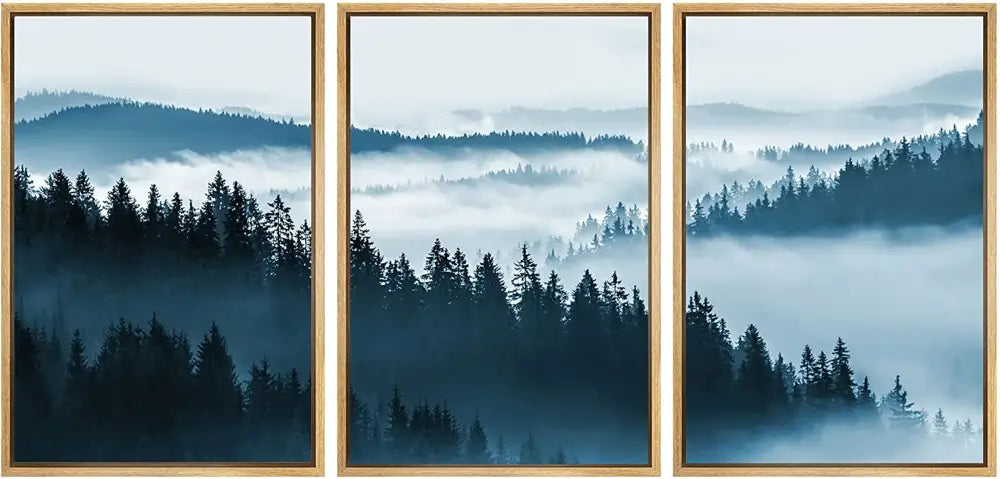 DecorBites™ nature landscape canvas print set features three misty mountain forest panels in blue and gray with wood frames