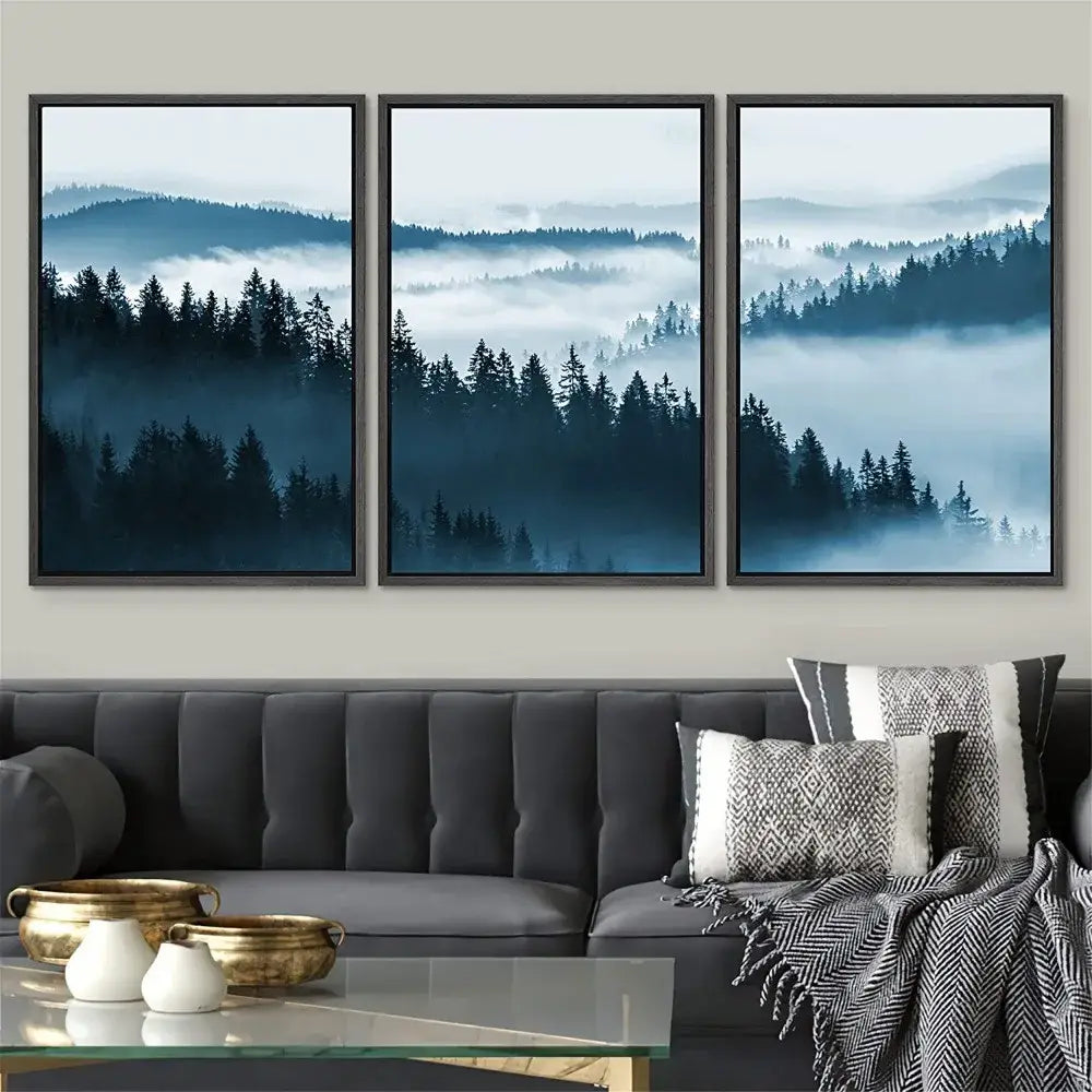 Three-panel DecorBites™ landscape canvas print set featuring misty blue forest nature landscapes for home decor