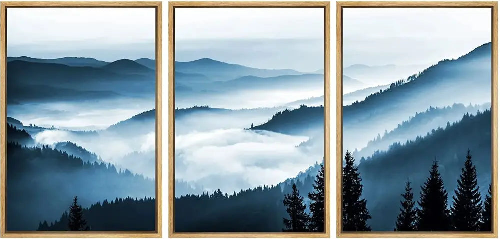 Decorbites™ nature landscape canvas print set featuring three-panel artwork of misty blue and gray mountain ranges
