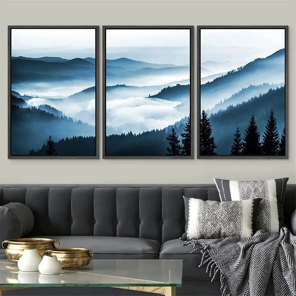DecorBites™ nature landscape canvas print set featuring three-panel artwork of misty blue and gray mountain ranges