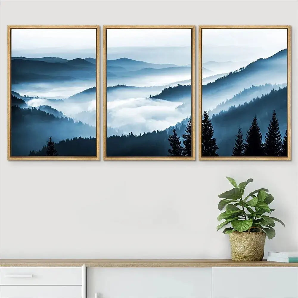 DecorBites™ three-panel minimalist mountain landscape canvas print set in light wood frames for home decor