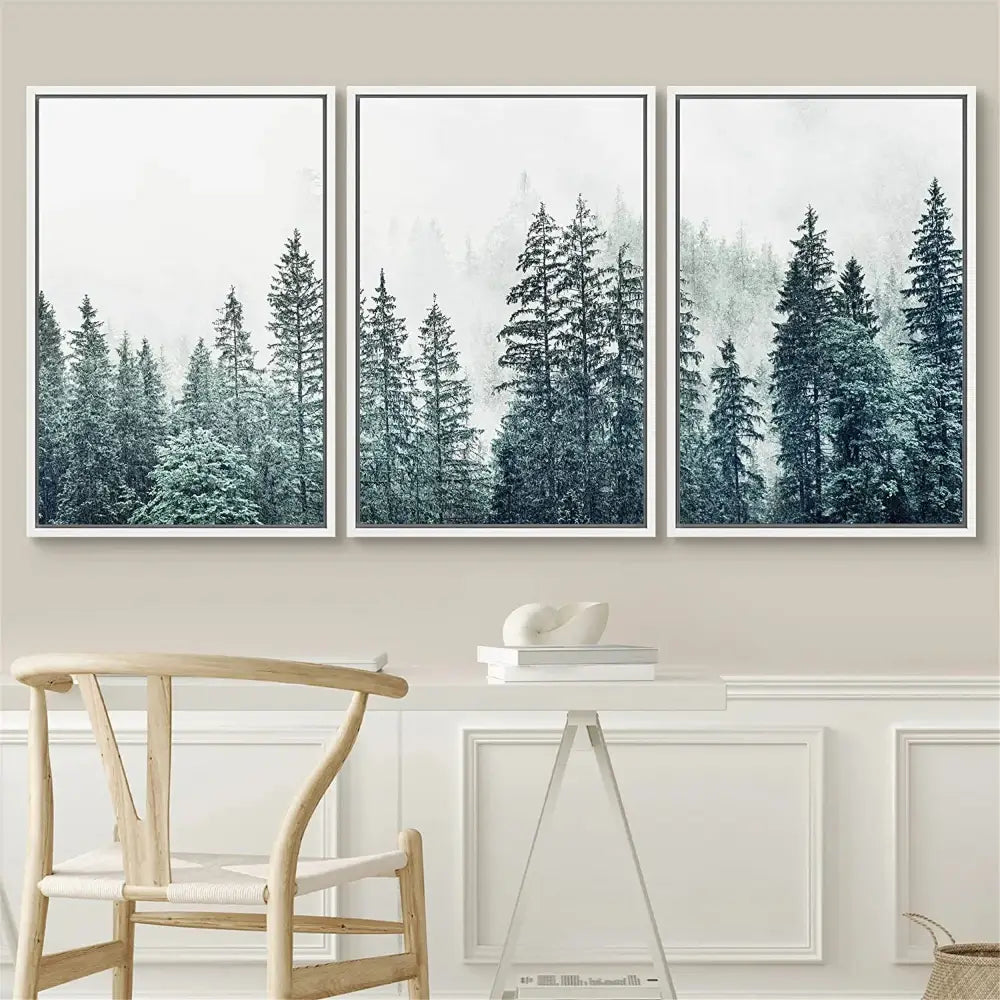 Decorbites™ nature landscape canvas print set featuring three minimalist forest landscape canvas prints in white frames