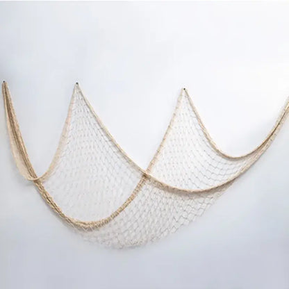 Beige fishing net decoration with woven mesh pattern and natural fiber edges for nautical theme wall decor