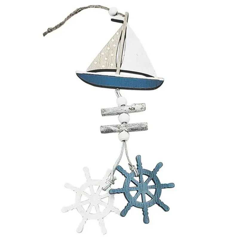 Decorbites™ nautical theme wall decor wooden ornament featuring a sailboat with white and blue sails and ship wheels with fishing net decoration accents