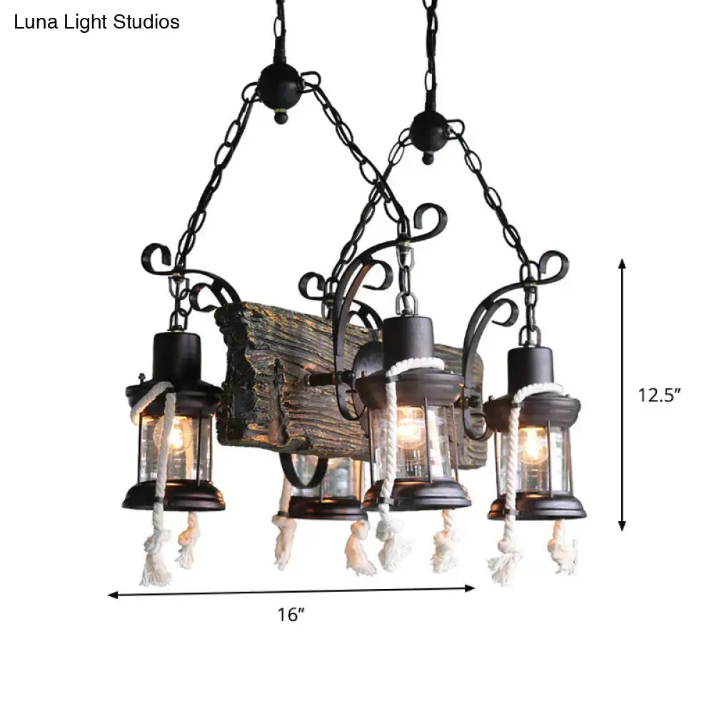 Decorbites™ nautical wood board black island lamp features a black wrought iron chandelier with hemp rope tassels and glass lanterns