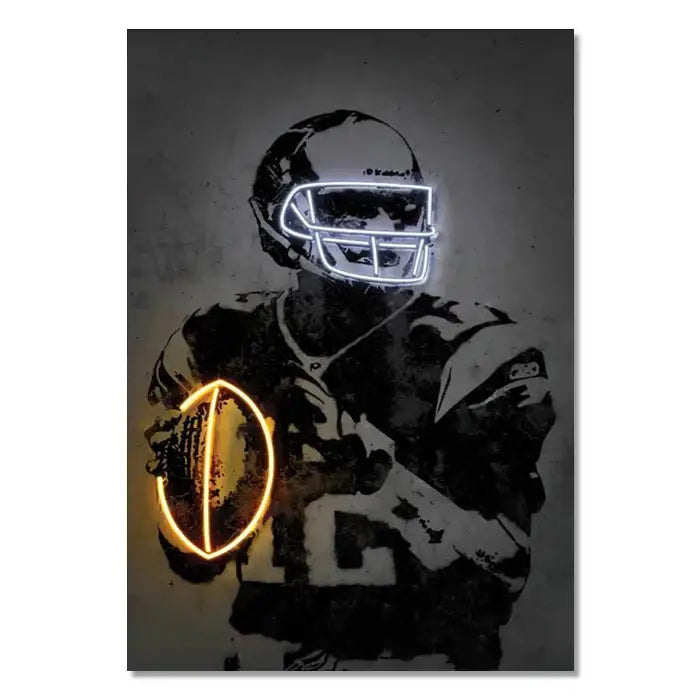 Neon-lit football player mural with glowing helmet and ball featured in decorbites™ neon sports stars wall art print
