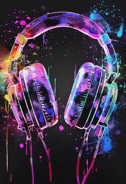 Neon-painted over-ear headphones with a glossy splattered finish in purple pink and blue for video game posters decorbites gamer room