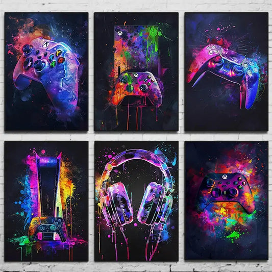 Set of six neon video game posters with splatter-painted xbox and playstation controllers for gamer room decor