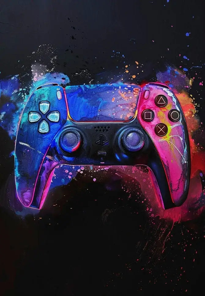 A vibrant playstation 5 dualsense controller with electric blue and neon pink splatter design for neon video game posters
