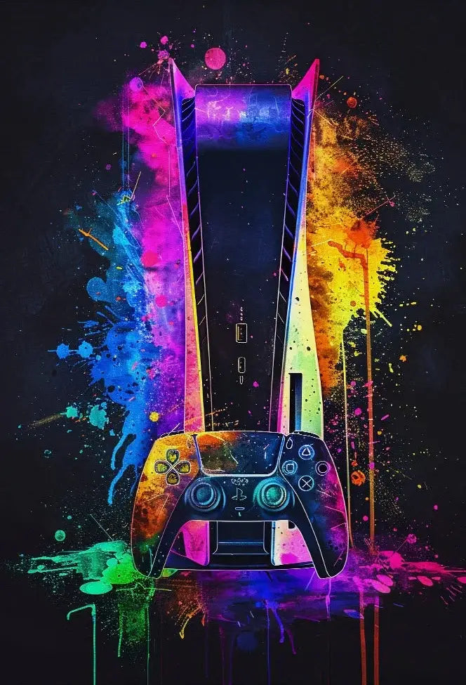A vibrant neon video game playstation 5 console and dualsense controller with glossy black base and rainbow splashes for gamer room posters