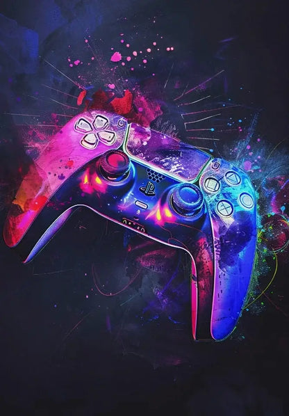 A vibrant galaxy-themed playstation 5 dualsense controller with neon video game splatter design for gamer room posters