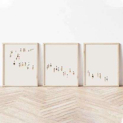 Three minimalist framed art prints featuring colorful abstract human figures on cream background in a decorbites™ wall art set