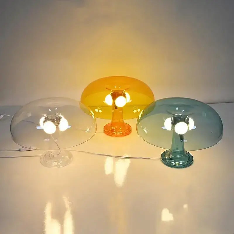 Decorbites new led mushroom table lamps in clear amber and teal glass with frosted bulbs for modern bedroom lighting